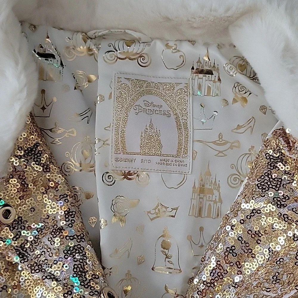 Disney Princess Gold And Silver Sequin Jacket Faux Fur Collar Girl 9/10 NWT